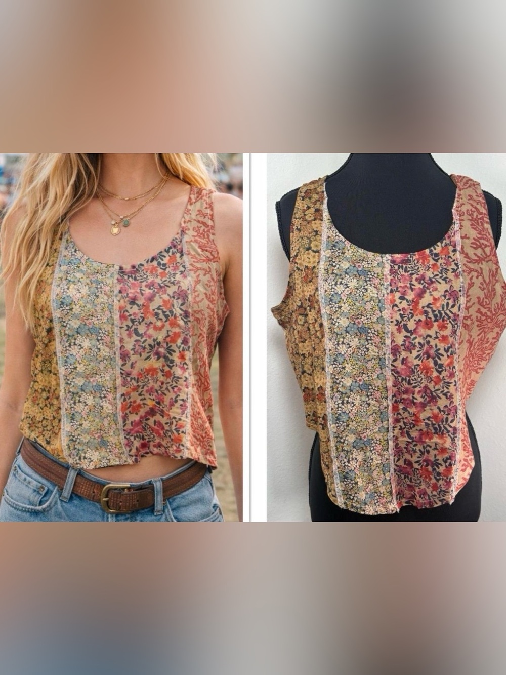 EARTHBOUND Coral & Cream Floral Patchwork Tank